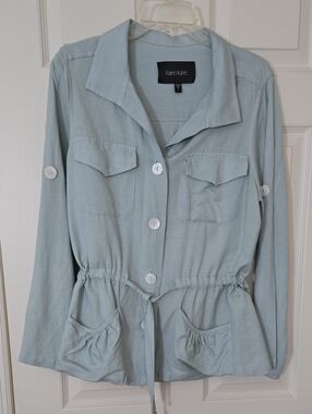 Karen Kane Sage Green Linen Utility Jacket with Tie Waist